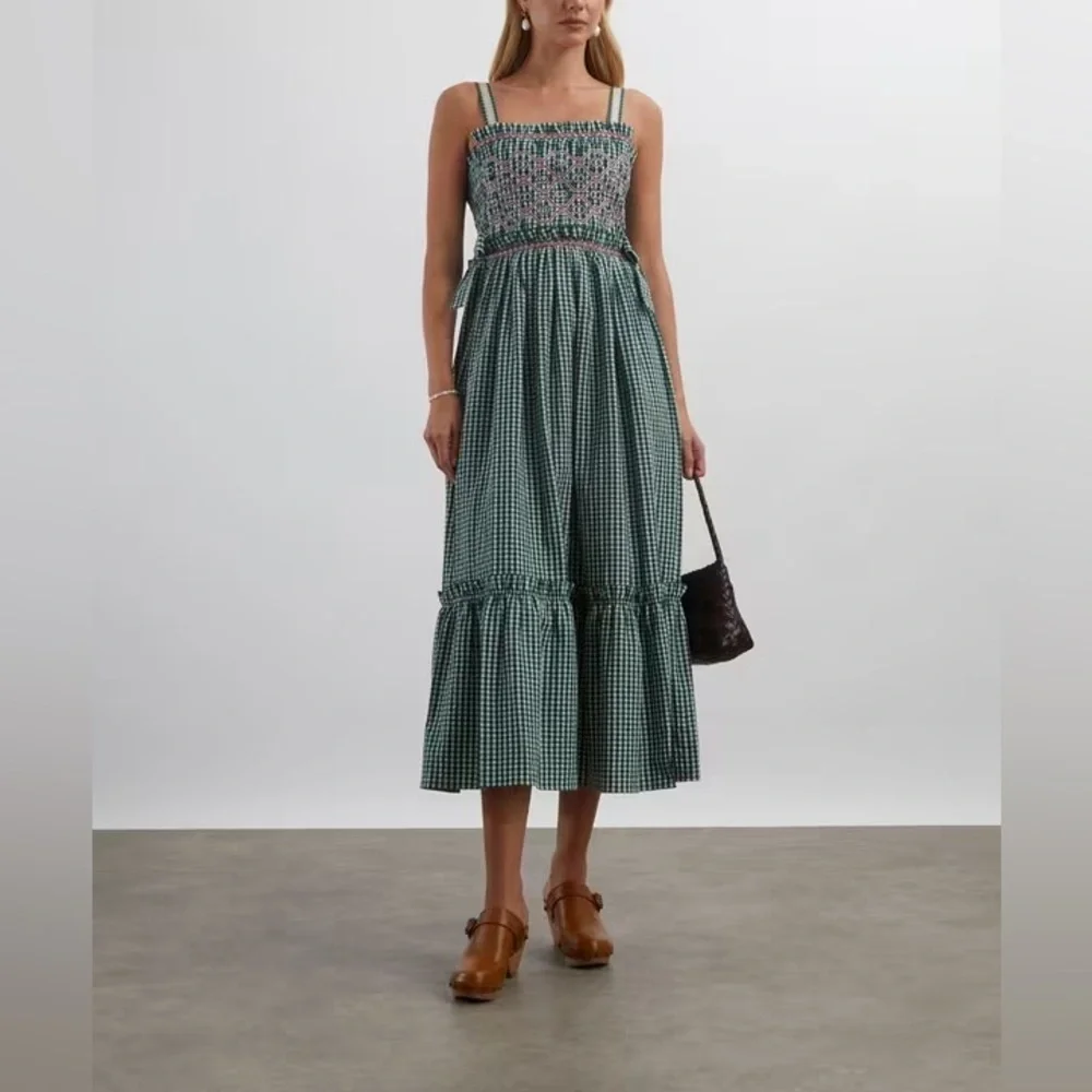 Hunter Bell Larissa Green White Gingham Midi Dress Smocked embroidered tie - Picture 2 of 8